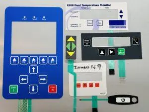 Assorted membrane switch and keypad samples for medical and industrial devices, including multi-layer interface constructions.