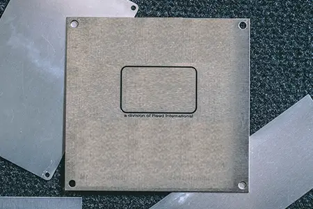 Steel nameplate with window cutout for equipment interface, manufactured near San Jose, CA