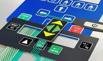 Custom membrane switch with circuit traces and cutouts, manufactured near San Jose, CA for industrial equipment interfaces.