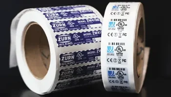 Custom durable labels rolls with UL compliant constructions, barcodes, and compliance markings for industrial equipment identification.